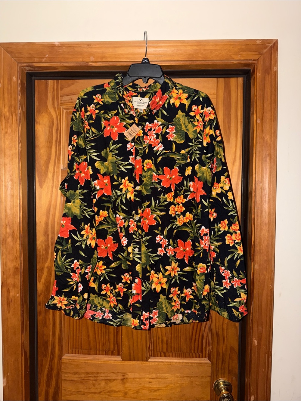 American Eagle Outfitters Black Floral Button-Down with Red & Yellow Blooms